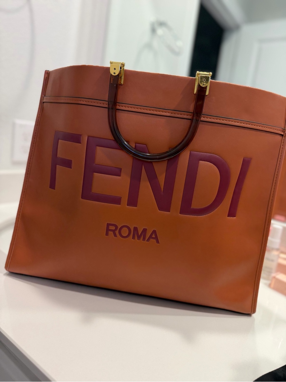 Fendi Orange Leather Tote with Burgundy Logo and Gold Hardware